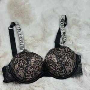Victoria's Secret Very Sexy Push-Up Black Lace Bra with rhinestone straps